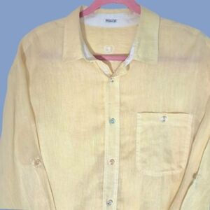 Bugatchi Uomo Mens Linen Button Dwn Shirt XL Lt Yllow Long Roll Tab Sleeve